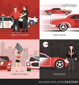 Street Racing Cocept 4 Flat Icons. Street car public roads racing concept 4 flat icons square banner with violater arrest abstract vector illustration