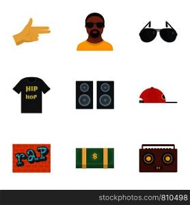 Street rap icon set. Flat set of 9 street rap vector icons for web design. Street rap icon set, flat style