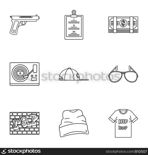 Street rap icon set. Outline set of 9 street rap vector icons for web design isolated on white background. Street rap icon set, outline style