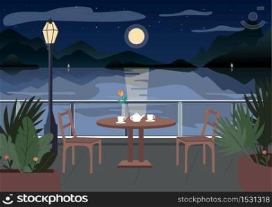 Street restaurant at night flat color vector illustration. Served cafe table on terrace. Evening dinner. Seafront 2D cartoon landscape with sailing boats, mountains and ocean on background . ZIP file contains: EPS, JPG. If you are interested in custom design or want to make some adjustments to purchase the product, don&rsquo;t hesitate to contact us! bsd@bsdartfactory.com. Restaurant at night illustration