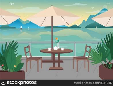 Street restaurant at seaside resort flat color vector illustration. Served cafe table on terrace. Seafront 2D cartoon landscape with sailing boats, mountains and ocean on background. Street restaurant at seaside resort flat color vector illustration