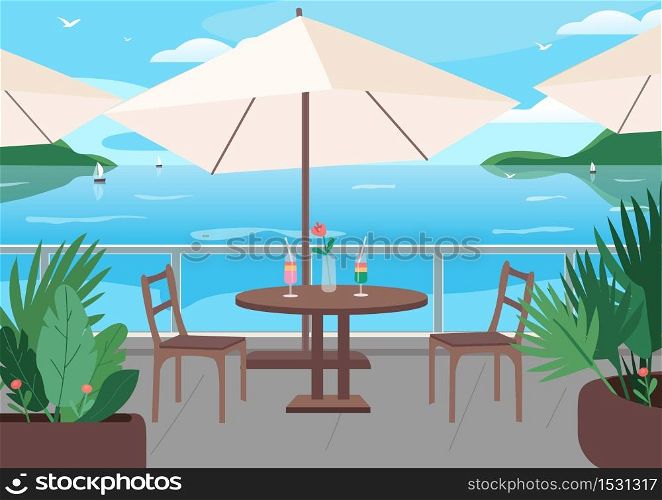 Street restaurant at seaside resort flat color vector illustration. Soft alcohol drinks on table. Seafront cafe 2D cartoon landscape with sailing boats, mountains and ocean on background . ZIP file contains: EPS, JPG. If you are interested in custom design or want to make some adjustments to purchase the product, don&rsquo;t hesitate to contact us! bsd@bsdartfactory.com. Street restaurant at seaside resort