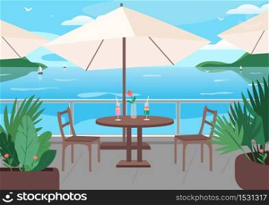 Street restaurant at seaside resort flat color vector illustration. Soft alcohol drinks on table. Seafront cafe 2D cartoon landscape with sailing boats, mountains and ocean on background . ZIP file contains: EPS, JPG. If you are interested in custom design or want to make some adjustments to purchase the product, don&rsquo;t hesitate to contact us! bsd@bsdartfactory.com. Street restaurant at seaside resort