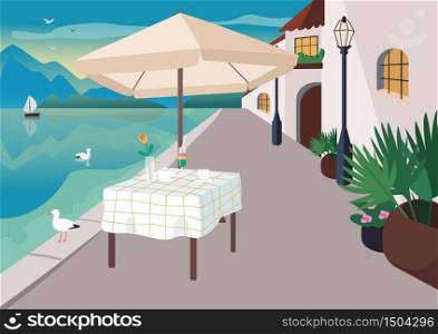 Street restaurant in seaside resort village flat color vector illustration. Served cafe table on seafront. Beachfront 2D cartoon landscape with seagulls, mountains and ocean on background. Street restaurant in seaside resort village flat color vector illustration