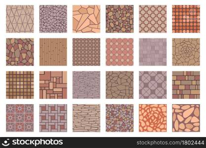 Street road pavements tile patterns top view. Floor tiles with rock, brick and cobble stone texture. Paved patio or park sidewalk vector set of road pattern street tile for pavement illustration. Street road pavements tile patterns top view. Floor tiles with rock, brick and cobble stone texture. Paved patio or park sidewalk vector set