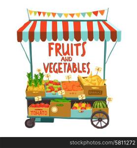 Street sale cart with fruits and vegetables cartoon vector illustration. Street Cart With Fruits
