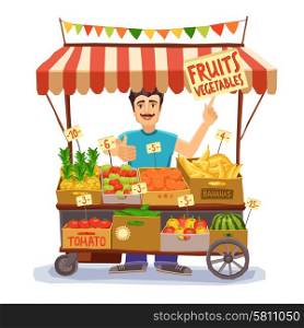 Street seller with stall with fruits and vegetables vector illustration. Street Seller Illustration