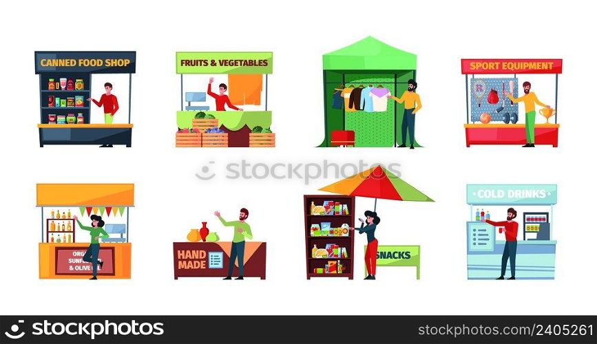 Street sellers. Outdoor marketplace urban vendors for fast product shopping cash store garish vector sellers flat illustrations. Marketplace and stall outdoor, shop local for sale. Street sellers. Outdoor marketplace urban vendors for fast product shopping cash store garish vector sellers flat illustrations