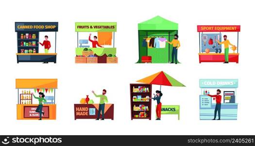 Street sellers. Outdoor marketplace urban vendors for fast product shopping cash store garish vector sellers flat illustrations. Marketplace and stall outdoor, shop local for sale. Street sellers. Outdoor marketplace urban vendors for fast product shopping cash store garish vector sellers flat illustrations
