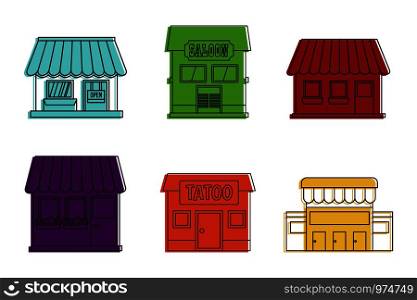 Street shop icon set. Color outline set of street shop vector icons for web design isolated on white background. Street shop icon set, color outline style