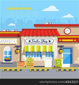 Street Shops Flat Design Concept . Street shops retro design concept with fruits shop in center and boxes of apples and strawberries on sidewalk flat vector illustration