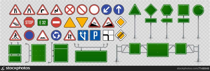 Street signs. Road direction and signboards and traffic control signs, green highway information shields. Vector pointers set directly on roads to adjust movement cars. Street signs. Road direction and signboards and traffic control signs, green highway information shields. Vector pointers set