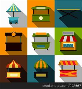 Street stall icon set. Flat style set of 9 street stall vector icons for web design. Street stall icon set, flat style