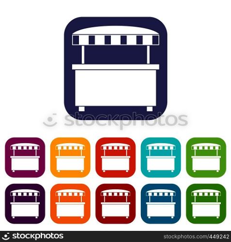 Street stall with awning icons set vector illustration in flat style In colors red, blue, green and other. Street stall with awning icons set flat