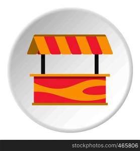 Street stall with striped awning icon in flat circle isolated on white vector illustration for web. Street stall with striped awning icon circle