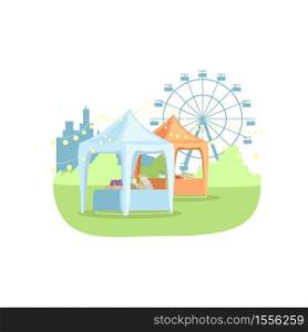 Street stands in park semi flat RGB color vector illustration. Summer funfair with attractions and vending stalls. Food and drinks tents near ferris wheel isolated cartoon object on white background. Street stands in park semi flat RGB color vector illustration