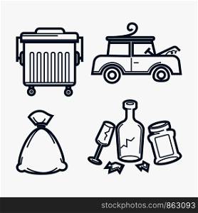 Street trash can, broken car and useless rubbish set. Non-working vehicle, pack of garbage and cracked glass containers isolated cartoon flat monochrome vector illustrations on white background.. Steet trash can, broken car and useless rubbish set