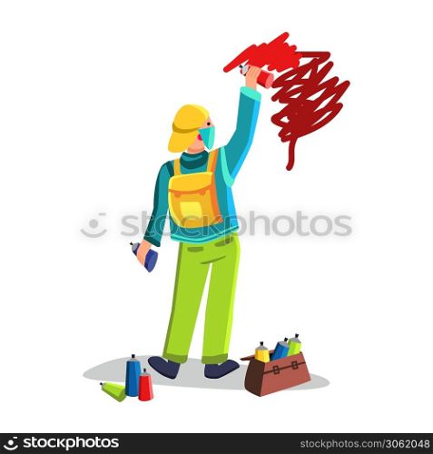 Street Vandalism Artist Painting Graffiti Vector. Boy Drawing Wall With Color Paint Spray, Creativity Art And Vandalism. Character Teenager Spraying And Creation Flat Cartoon Illustration. Street Vandalism Artist Painting Graffiti Vector