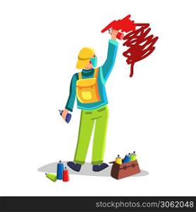 Street Vandalism Artist Painting Graffiti Vector. Boy Drawing Wall With Color Paint Spray, Creativity Art And Vandalism. Character Teenager Spraying And Creation Flat Cartoon Illustration. Street Vandalism Artist Painting Graffiti Vector