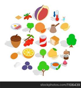 Street vegan cafe icons set. Isometric set of 25 street vegan cafe vector icons for web isolated on white background. Street vegan cafe icons set, isometric style