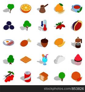 Street vegan cafe icons set. Isometric set of 25 street vegan cafe vector icons for web isolated on white background. Street vegan cafe icons set, isometric style