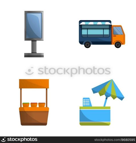 Street vending icons set cartoon vector. Street stall and food truck. Food festival. Street vending icons set cartoon vector. Street stall and food truck