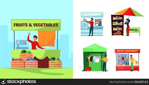 Street vendors. Marketplace people selling products on street urban vendors fast shopping garish vector cartoon person. Illustration of stall market and marketplace, sport clothes and drink. Street vendors. Marketplace people selling products on street urban vendors fast shopping garish vector cartoon person