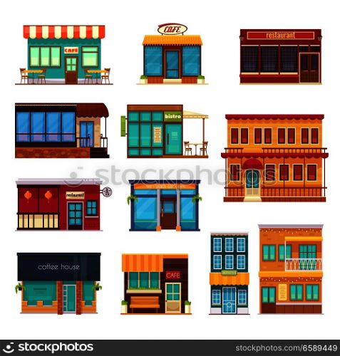 Street view front snack bar cafe coffee house bistro restaurant flat icons collection isolated vector illustration. Fastfood Restaurant Flat Icons Set