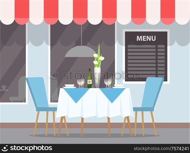 Street view of restaurant vector. Canopy on roof of cafe, exterior of eatery, table with flower vase and elegant furniture, tablecloth and chairs decor. Restaurant Outdoors View, Exterior Elegant Table