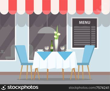 Street view of restaurant vector. Canopy on roof of cafe, exterior of eatery, table with flower vase and elegant furniture, tablecloth and chairs decor. Restaurant Outdoors View, Exterior Elegant Table