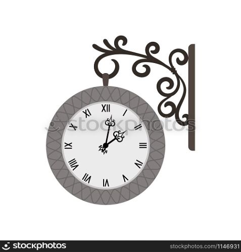 Street vintage wall clock isolated on white background, vector illustration. Street vintage wall clock