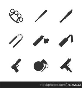 Street weapon icons set. Knife symbol. Gun icon. Peper spray. Flat vector illustration.
