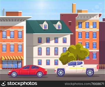 Street with cars driving along houses. Cityscape of modern city with buildings and estates, decorative plants. Vintage skyline with transports on road. Traveling on transport abroad. Vector in flat. Street of City, Center with Vehicles on Roads