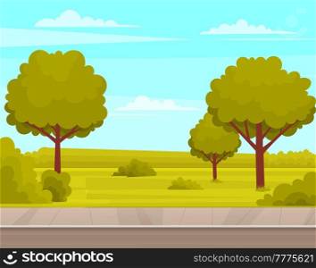 Street with plants and asphalt road. Roadway with sidewalk near summer park. Landscape with nature and driveway. Natural landscape around highway. View of garden, trees and road vector illustration. Natural landscape around highway. View of garden and roadway. Street with plants and asphalt road