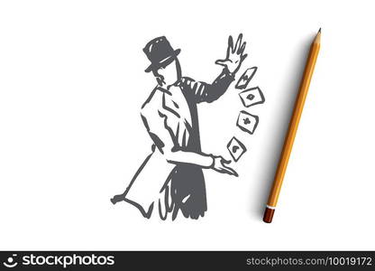 Street, wizard, magic, performance, cart concept. Hand drawn magician performing on street concept sketch. Isolated vector illustration.. Street, wizard, magic, performance, cart concept. Hand drawn isolated vector.