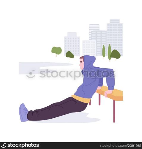 Street workout isolated cartoon vector illustrations. Boy pushing up from the floor in the urban park using sport equipment, fitness training, workout outdoor, physical activity vector cartoon.. Street workout isolated cartoon vector illustrations.