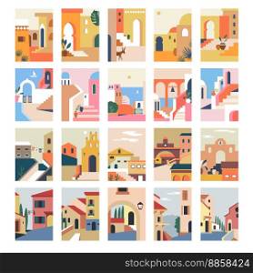 Streets of old cities, cityscapes and skylines. Architecture and buildings, houseplants outdoors and landscapes with flowers and bushes. Italian or Greek towns lifestyle. Vector in flat style. Cityscapes urban streets with architecture vector