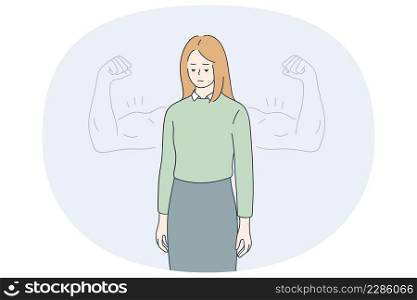 Strength and self confidence concept. Sad depressed woman standing feeling weak with strong hands arms biceps at background vector illustration . Strength and self confidence concept