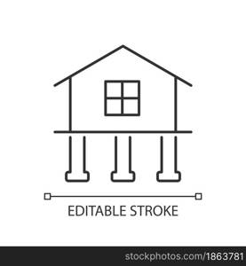 Strength and stability linear icon. Buildings construction. Secure foundation with piles. Thin line customizable illustration. Contour symbol. Vector isolated outline drawing. Editable stroke. Strength and stability linear icon