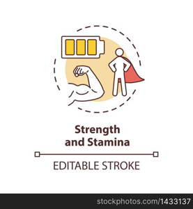 Strength and stamina concept icon. Psychical energy. Exercise and workout. Athletic body. Healthy lifestyle idea thin line illustration. Vector isolated outline RGB color drawing. Editable stroke. Strength and stamina concept icon