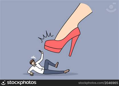 Strength of woman manipulating concept. Female foot in red shoes with high heels reaching for and trying to push tine young afraid man asking to stop vector illustration . Strength of woman manipulating concept.