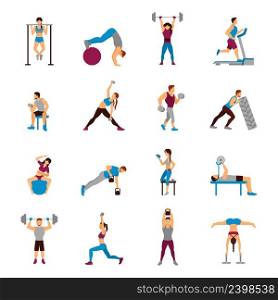Strength training workout set with flat male and female sporty figures isolated vector illustration. Strength Training Workout Set