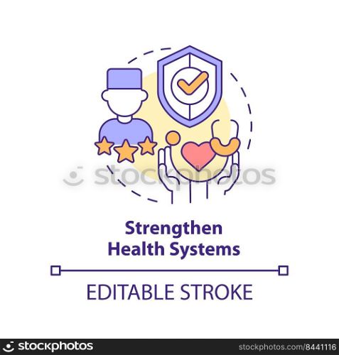 Strengthen health systems concept icon. Medical experts. Pandemic prevention abstract idea thin line illustration. Isolated outline drawing. Editable stroke. Arial, Myriad Pro-Bold fonts used. Strengthen health systems concept icon
