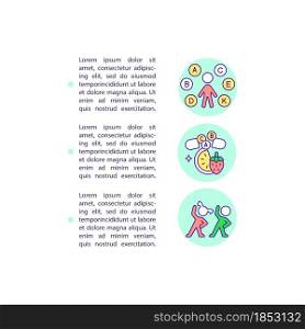 Strengthening immunity concept line icons with text. PPT page vector template with copy space. Brochure, magazine, newsletter design element. Baby health development linear illustrations on white. Strengthening immunity concept line icons with text