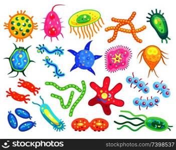 Streptococci and staphylococcus, spirillae and star-shaped flat bacteria types isolated. Little dangerous germ variety cartoon vector illustrations. Little Dangerous Bacteria for Illustrative Poster
