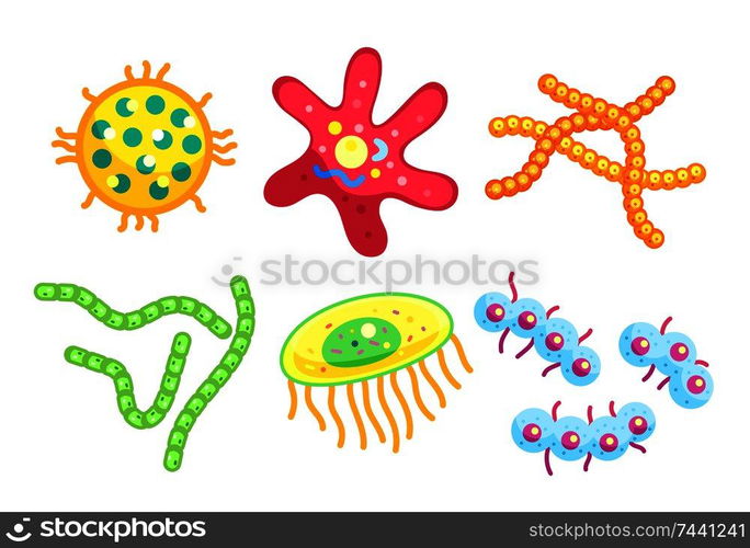 Streptococci and staphylococcus, spirillae and star-shaped flat bacteria types isolated. Little dangerous germ variety cartoon vector illustrations. Little Dangerous Bacteria for Illustrative Poster