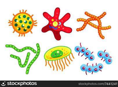 Streptococci and staphylococcus, spirillae and star-shaped flat bacteria types isolated. Little dangerous germ variety cartoon vector illustrations. Little Dangerous Bacteria for Illustrative Poster