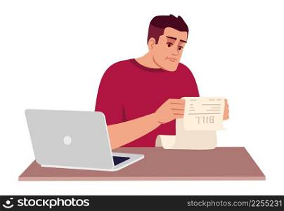 Stress about money and bills semi flat RGB color vector illustration. Sitting figure. Worrying about money. Man coping with financial anxiety isolated cartoon character on white background. Stress about money and bills semi flat RGB color vector illustration