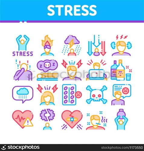 Stress And Depression Collection Icons Set Vector Thin Line. Anti Stress Pills And Alcoholic Drink Bottle, Angry Human And With Burning Head Concept Linear Pictograms. Color Contour Illustrations. Stress And Depression Collection Icons Set Vector