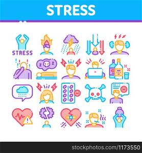 Stress And Depression Collection Icons Set Vector Thin Line. Anti Stress Pills And Alcoholic Drink Bottle, Angry Human And With Burning Head Concept Linear Pictograms. Color Contour Illustrations. Stress And Depression Collection Icons Set Vector